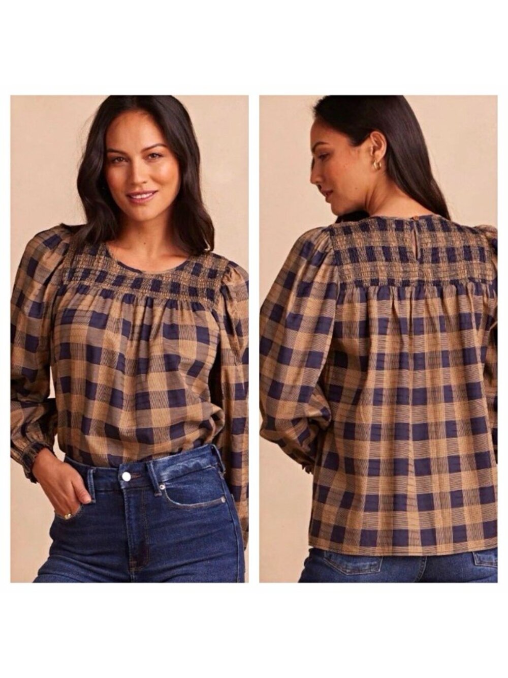 SUMMERSVLT Perfect Plaid Smocked Top Beige Blue Cotton Puff Sleeve Women Size M